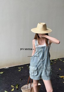 宽松工装 JVV 女夏季 连衣裤 SISTER减龄休闲多口袋水洗牛仔背带短裤