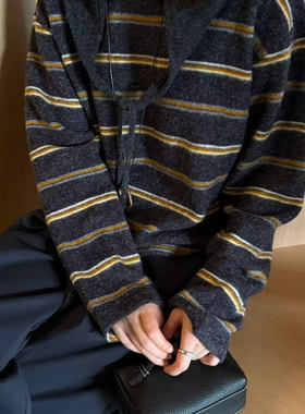 软糯ORANGE大牌风简约条纹＋披肩帽圆领秋冬咖色系圆领长袖体恤衫