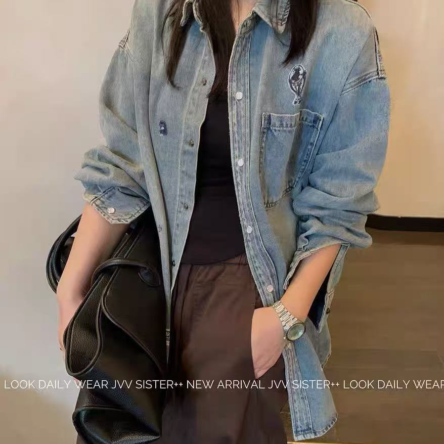 JVV SISTER秋季纯棉时尚百搭趣味印花舒适衬衫长款垂感牛仔外套女