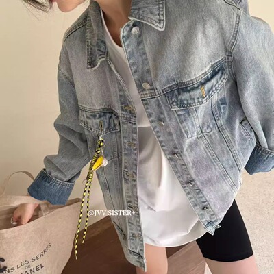 JVV SISTER早春2025韩版复古做旧水洗破洞牛仔外套女宽松夹克上衣