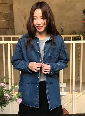 san春夏季蓝色复古牛仔衬衫宽松休闲绣花设计感长袖外套上衣BF风