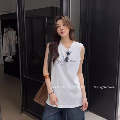 JVV SISTER韩系宽松慵懒简约字母涂鸦无袖T恤女慵懒背心防晒上衣