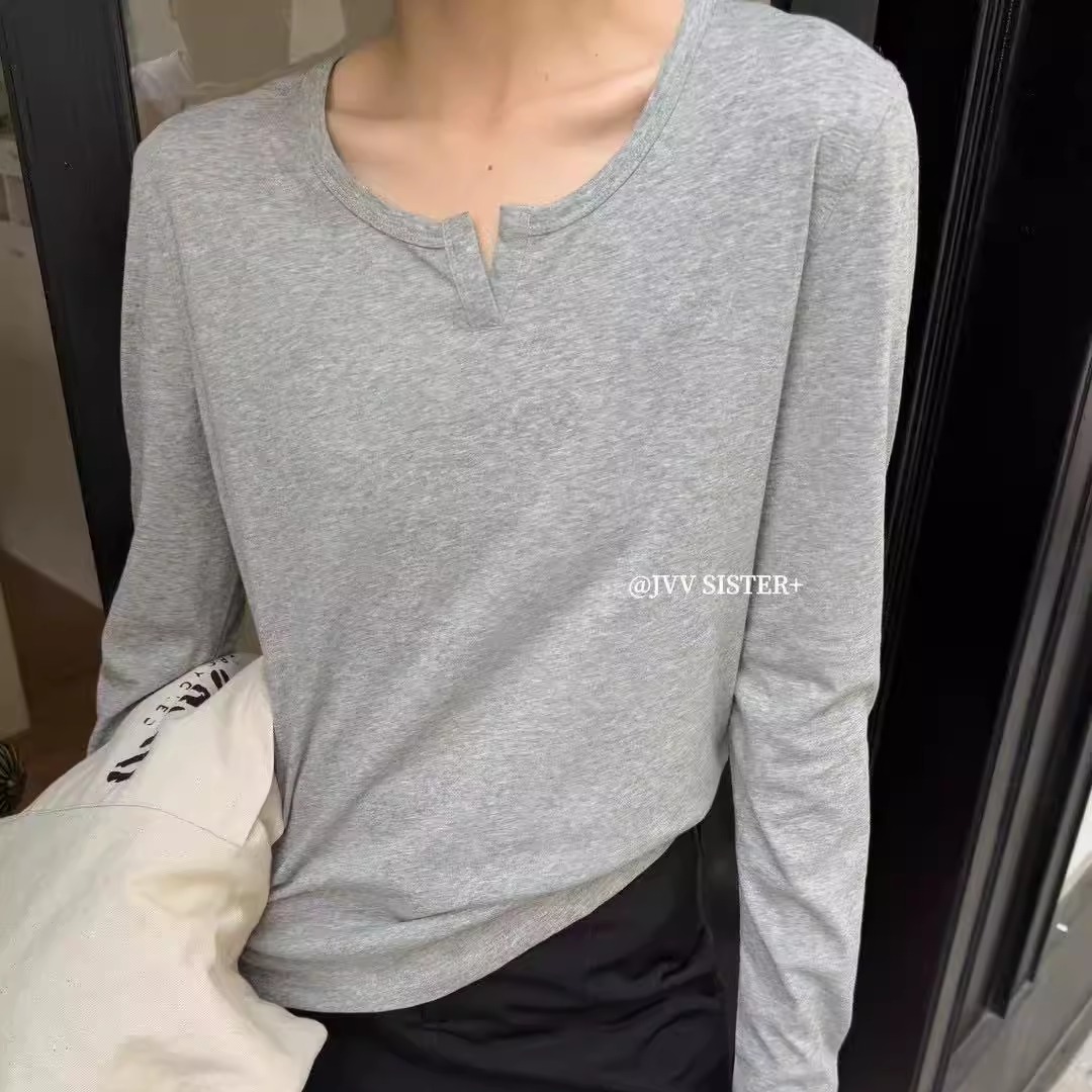 JVV SISTER韩系简约职场风V领长袖T恤衫女休闲百搭打底衫上衣春夏