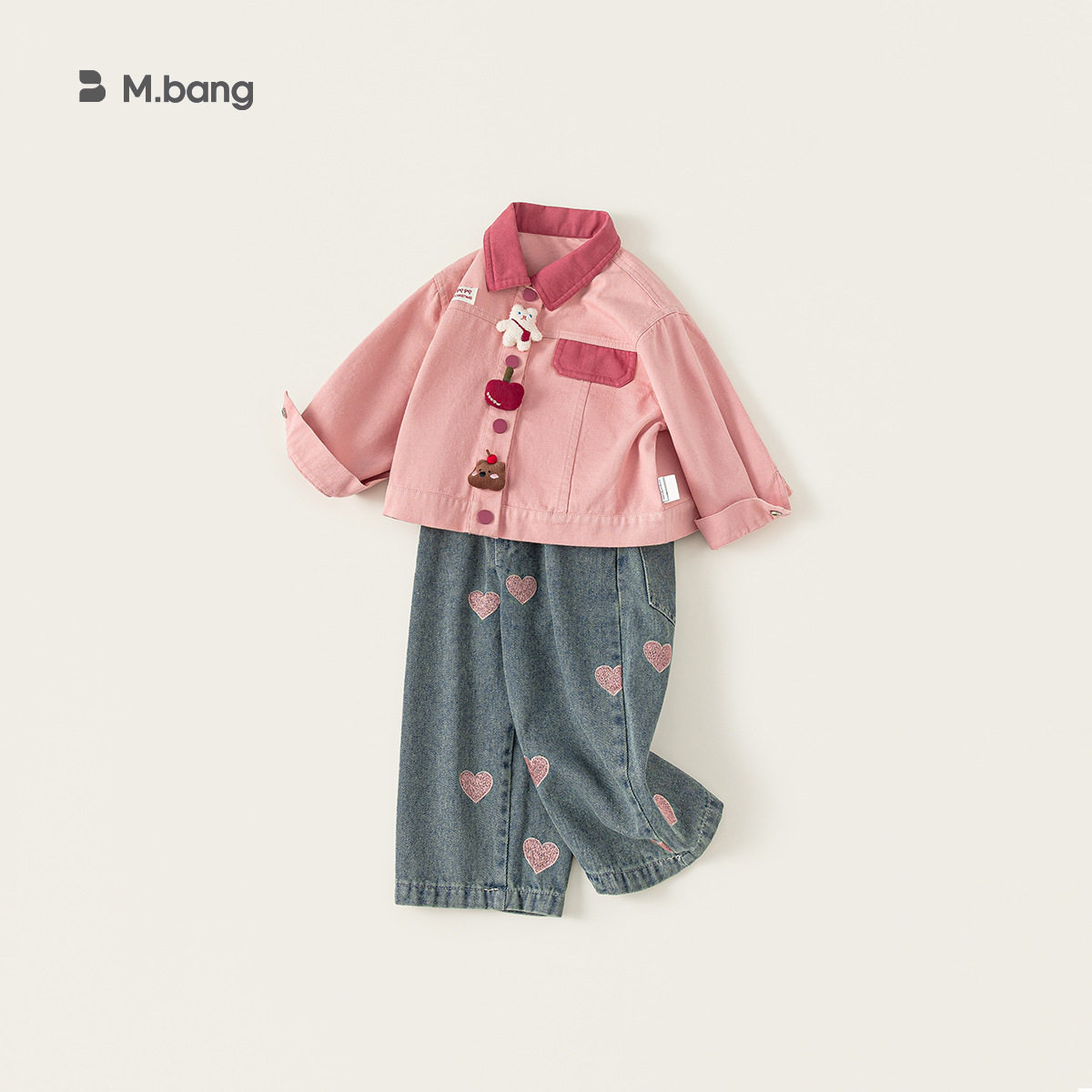 秋季新款衣服粉色中小童外套+爱心牛仔裤女童两件套套装