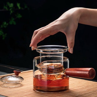 煮茶器 红檀木手柄日式 壶侧把直觉壶加厚耐热玻璃过滤煮茶器