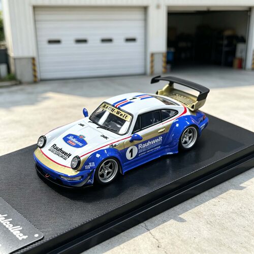 MC 1:64 保时捷RWB964 HighWing高翼 乐富门白/蓝色涂装 合金车模
