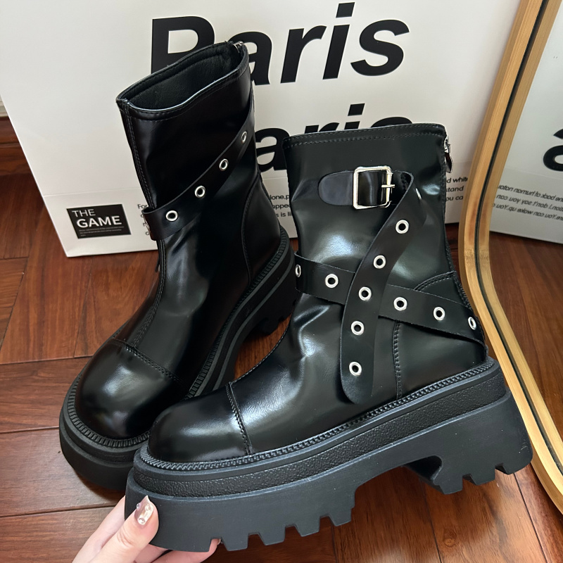 美拉德棕色复古机车短靴2025夏季厚底增高显瘦短筒马丁靴瘦瘦靴子