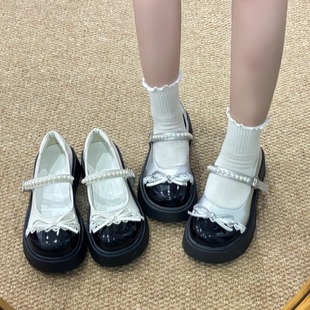法式复古小皮鞋女2026年新款夏季珍珠蝴蝶结拼色厚底英伦风jk单鞋