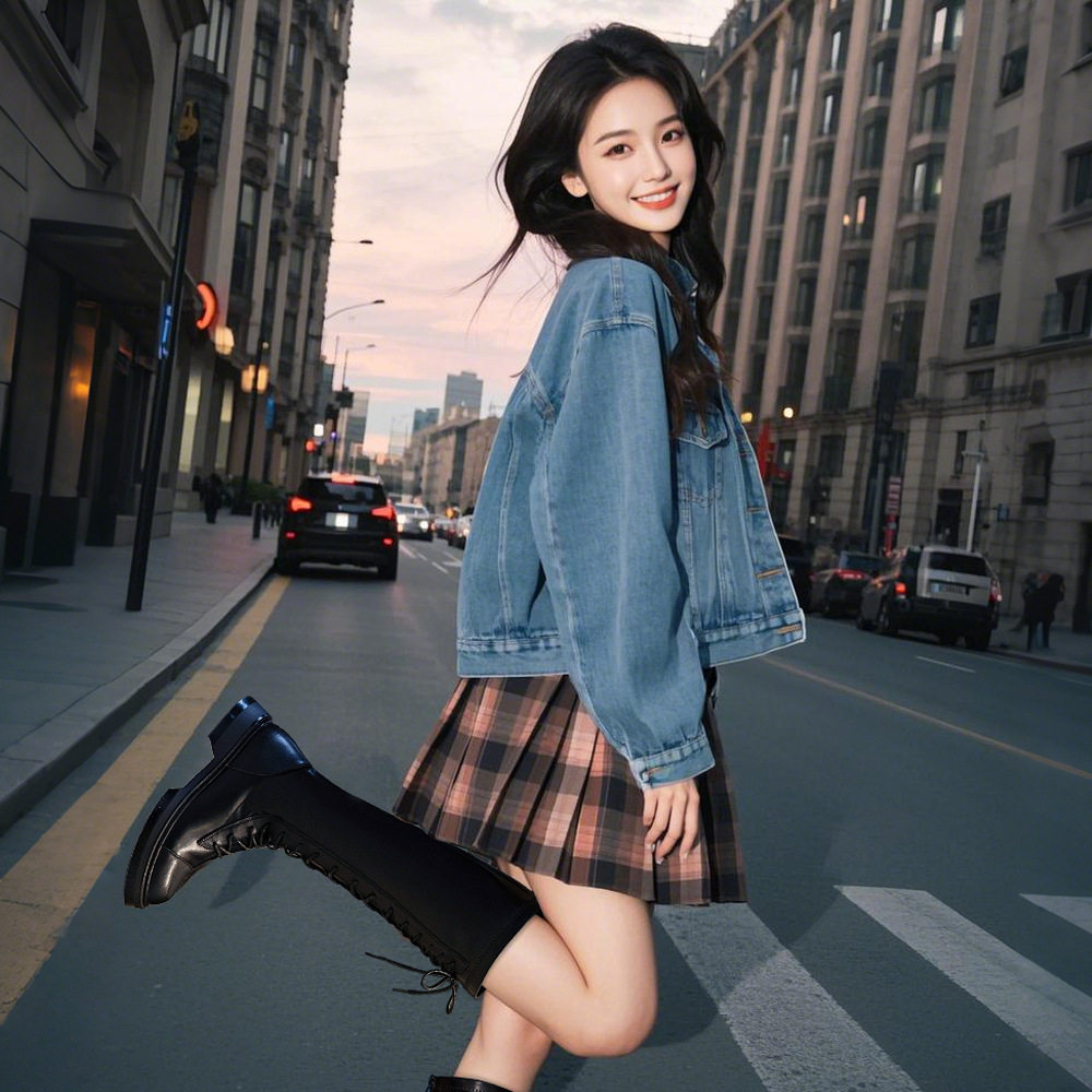 真皮骑士靴女2025冬季新款加绒长筒靴粗跟系带高筒靴休闲百搭女