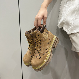 欧洲站镂空马丁靴女2023夏季新款软皮复古女短靴牛反绒磨砂短靴