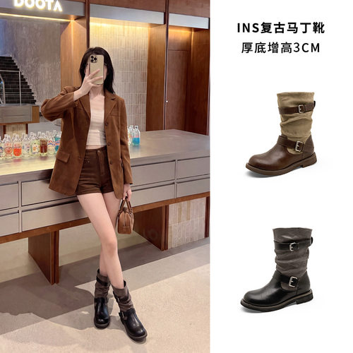 2026秋季新款复古牛皮拼接中筒靴时尚厚底骑士靴女款皮带扣堆堆靴