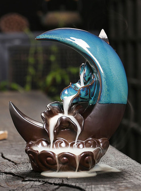 跨境 窑变蓝色荷叶高山流水倒流香炉 创意月亮香炉倒流香观赏摆件