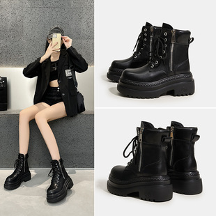 9cm黑色复古马丁靴女2025秋季 英伦风厚底小个子内增高短靴 新款