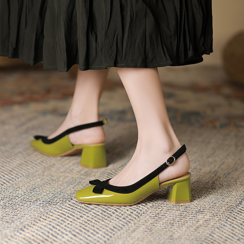 5299-2 葡萄妈studiolee法式韩版蝴蝶结后绊带粗跟鞋方头浅口