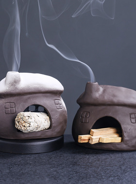 跨境陶瓷小壁炉家居氛围感摆件鼠尾草燃烧支架创意欧美房子香薰炉