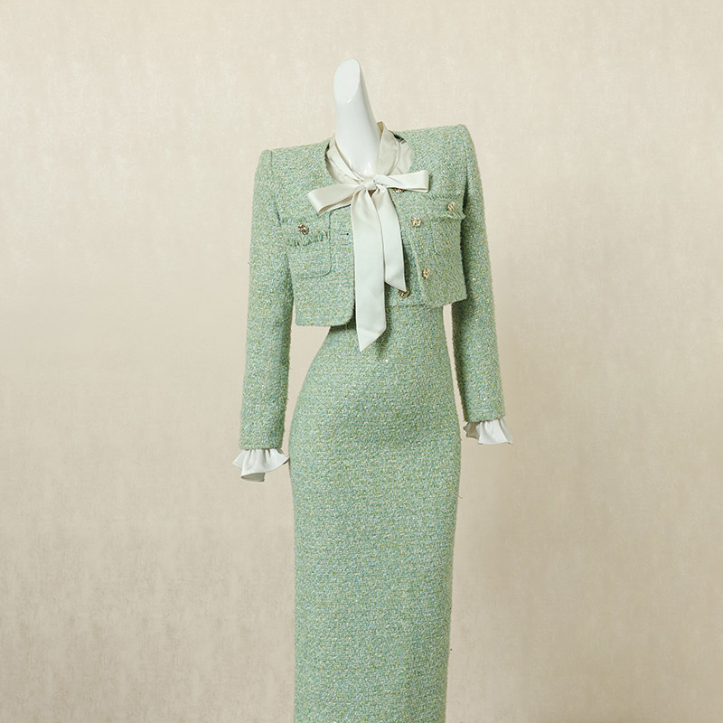 绿色复古小香风套装女秋季新款高端设计感短外套显瘦连衣裙两件套,女装/女士精品,时尚套装,淘宝优惠券,粉丝福利购,淘宝优惠卷