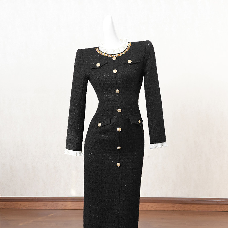 黑色复古小香风长袖连衣裙女冬季长裙重工钉钻设计感高端礼服裙子
