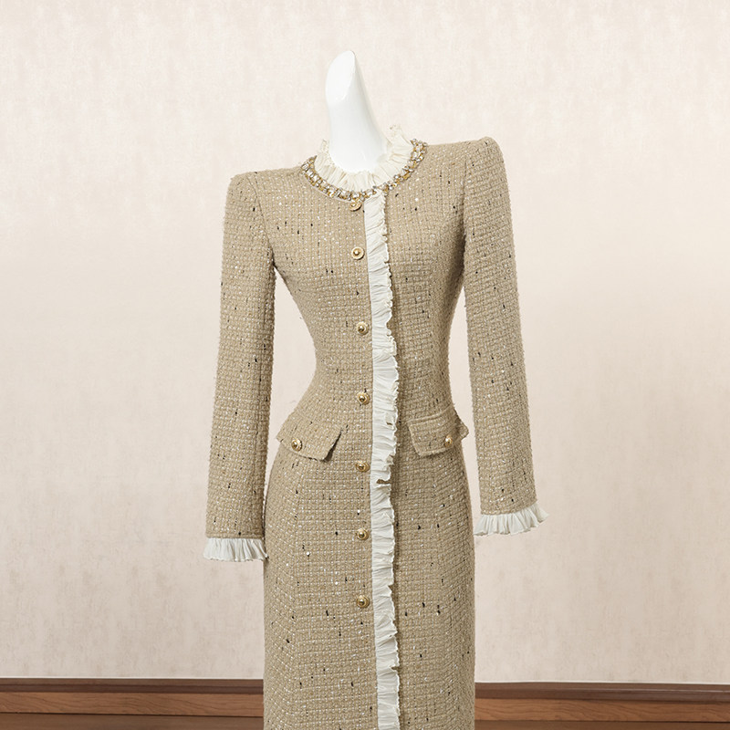 法式复古小香风长袖连衣裙女冬季长裙重工钉钻设计感高端礼服裙子