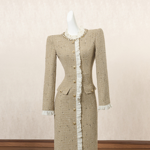 法式复古小香风长袖连衣裙女冬季长裙重工钉钻设计感高端礼服裙子