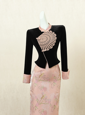 新中式国风改良旗袍连衣裙女秋季长裙重工刺绣设计感高端礼服裙子