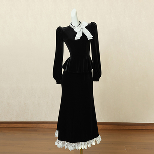 黑色重工钉珠鱼尾连衣裙女秋季长裙小众设计感御姐风高端礼服裙子