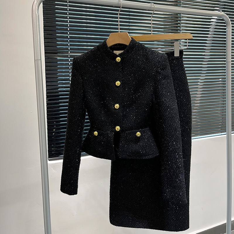 黑色复古小香风套装女2025年冬季新款高端设计感外套+裙子两件套