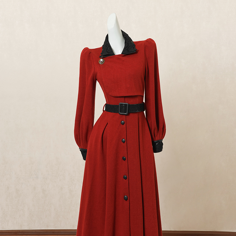 红色复古长袖连衣裙女