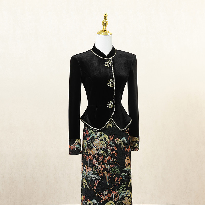 新中式国风改良旗袍连衣裙女冬季长裙复古拼接设计感高端礼服裙子