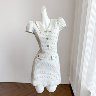 白色复古小香风连衣裙女夏季短裙富家千金气质小个子高端礼服裙子