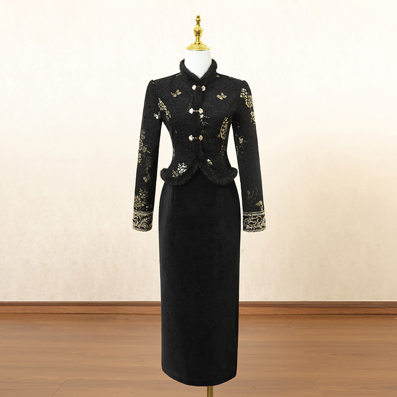 黑色复古拼接假两件连衣裙女秋冬长裙别致独特设计感高端礼服裙子