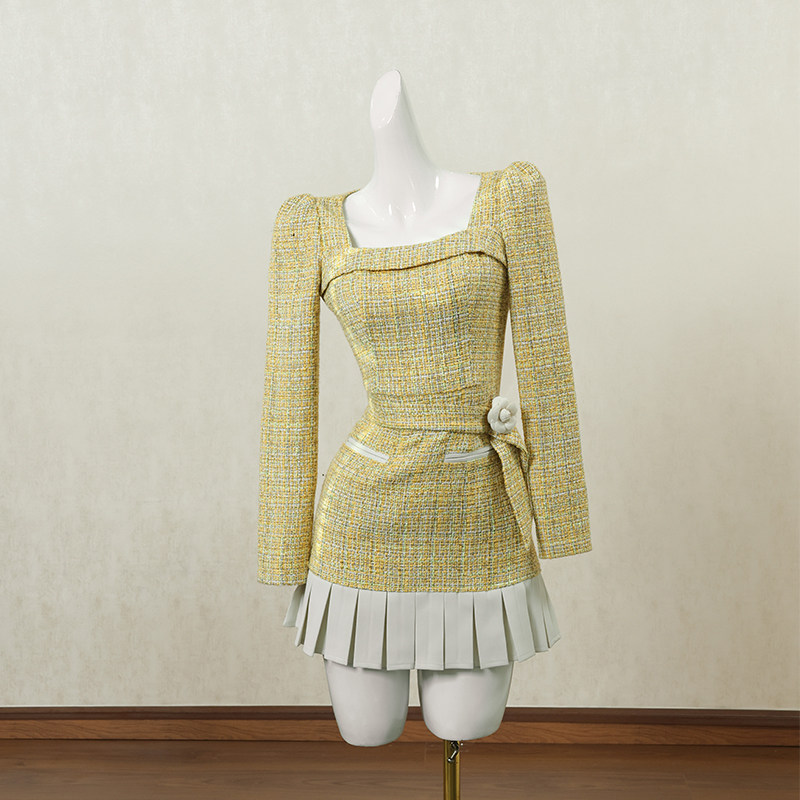 黄色复古小香风长袖连衣裙女秋季短裙法式设计感高端宴会礼服裙子