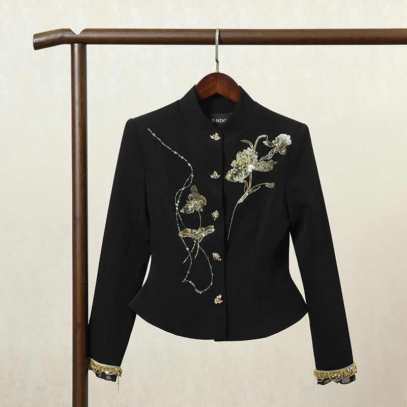 黑色新中式国风短款外套女2025秋冬新款重工串珠亮片绣设计感上衣