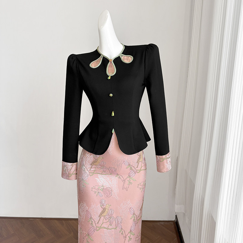 新中式国风改良旗袍连衣裙女冬季长裙假两件拼接设计高端礼服裙子