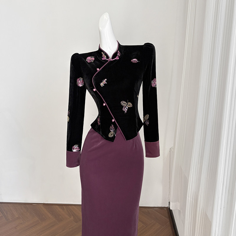 新中式国风改良旗袍连衣裙女冬季长裙串珠亮片绣设计高端礼服裙子