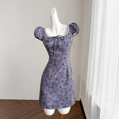 紫色复古短袖连衣裙女