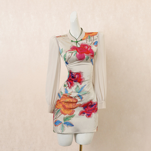 新中式 短裙复古印花设计感高端礼服裙子 国风改良旗袍连衣裙女秋季