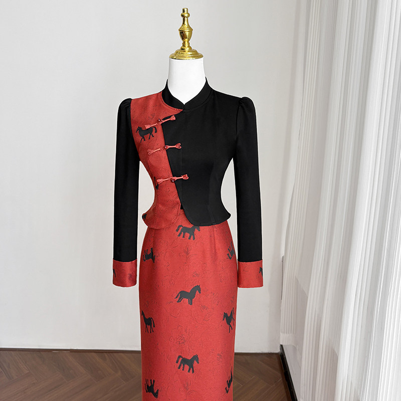 新中式国风改良旗袍连衣裙女冬季长裙假两件拼接设计高端礼服裙子