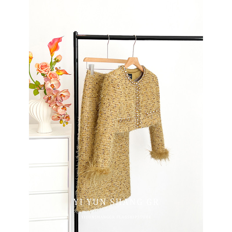 黄色复古小香风套装女秋季新款高端设计感外套+显瘦半身裙两件套,女装/女士精品,时尚套装,淘宝优惠券,粉丝福利购,淘宝优惠卷