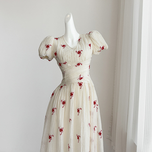 杏色重工刺绣连衣裙女夏季长裙法式小众设计感赫本风高端礼服裙子