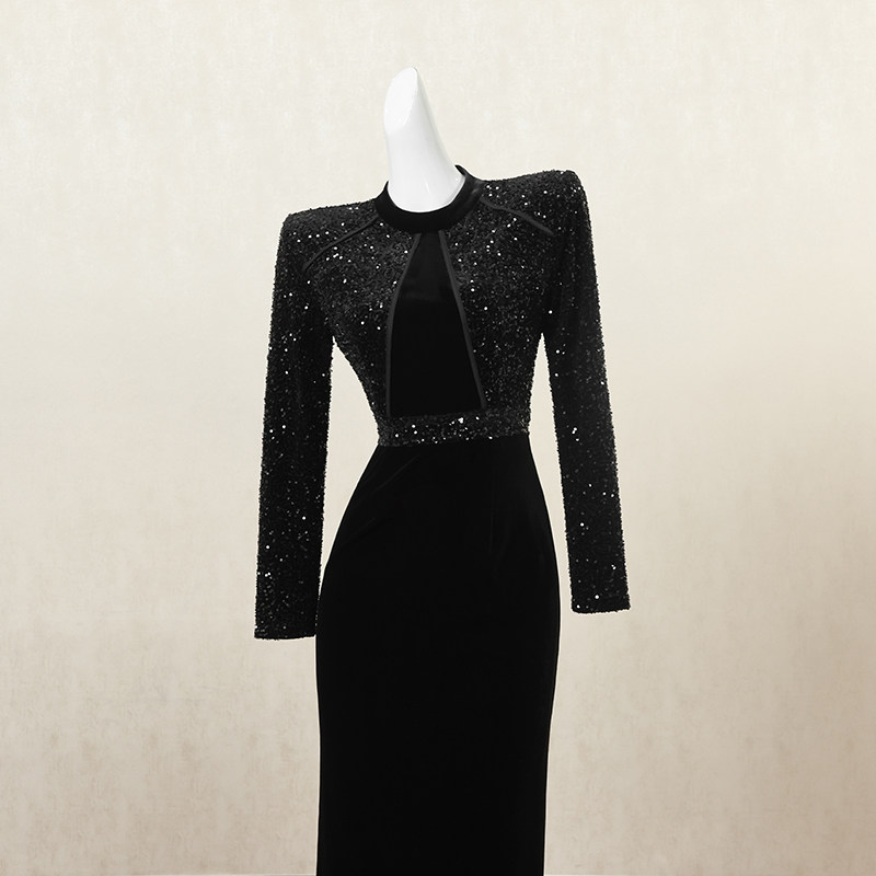 黑色复古丝绒拼接连衣裙女秋季长裙小众设计感御姐风高端礼服裙子