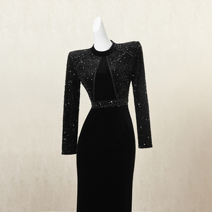 黑色复古丝绒拼接连衣裙女秋季长裙小众设计感御姐风高端礼服裙子