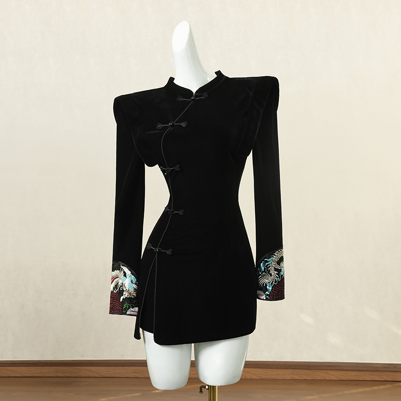 黑色新中式国风丝绒套装裙