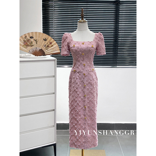 赫本风礼服裙子 长裙设计感小众法式 连衣裙女夏季 粉色复古方领短袖