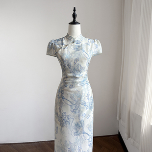 蓝色新中式 国风改良旗袍连衣裙女早春长裙印花设计感高端礼服裙子