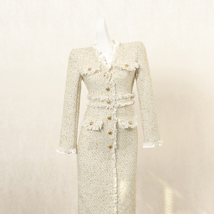 法式复古小香风连衣裙女冬季长裙别致独特设计感高端宴会礼服裙子