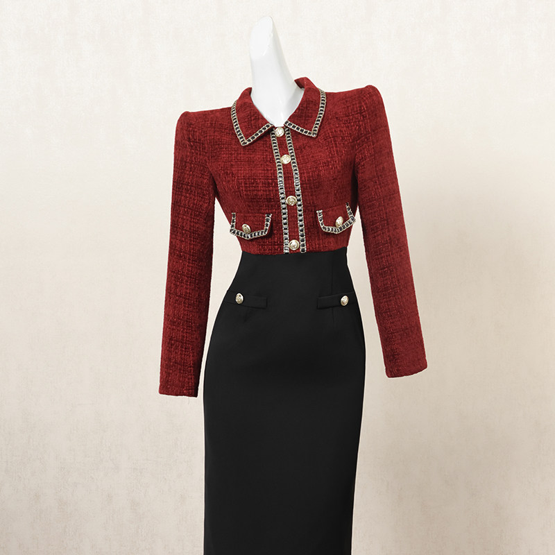 法式复古撞色拼接连衣裙女冬季长裙小众设计感御姐风高端礼服裙子