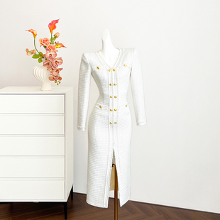 白色复古小香风长袖连衣裙女秋冬长裙重工流苏设计感高端礼服裙子