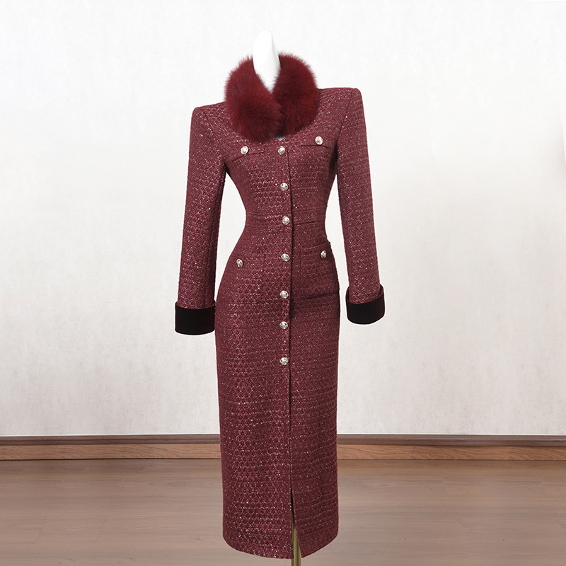 红色复古小香风连衣裙女冬季长裙法式小众设计感高端宴会礼服裙子