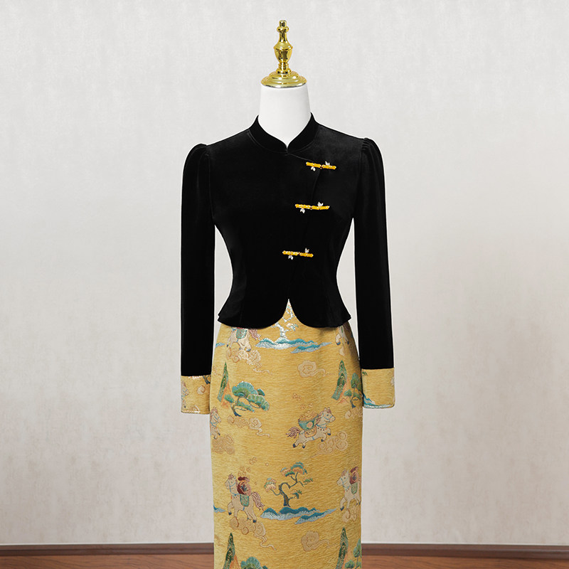 新中式国风改良旗袍连衣裙女冬季长裙假两件拼接设计高端礼服裙子