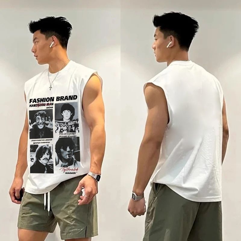 纯棉新款欧美风拼接图片人像印花情侣男士overs无袖背心T恤上衣潮